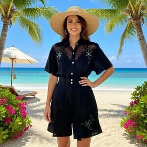 Vintage 90s ClubZ Floral Embroidered Black 2Pc TopShorts OutfitSet LinenCotton S